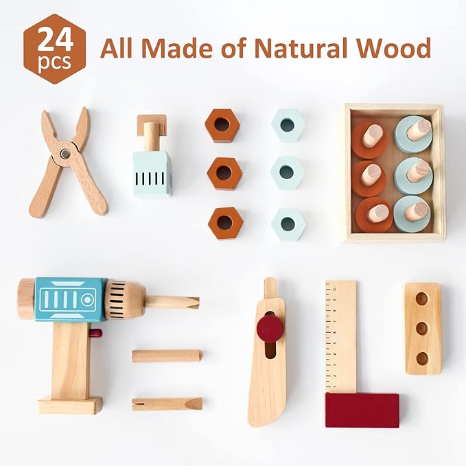 PairPear Kids Tool Set,Wooden Toy Tool Box with Toy Drill,Wooden Tool Kit Toddler Construction Toys Workbench Pretend Play Gift for Boys Girls 3 Years and Up.