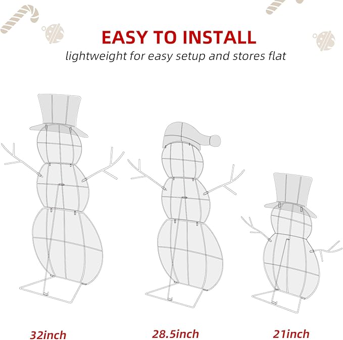 3-Piece 2D Light-Up Christmas Snowman Family Set - Large Outdoor Yard Decoration Holiday Decor with 80 LED Warm White Lights