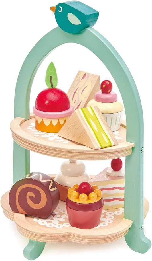 Tender Leaf Toys - Mini Chef Birdie Afternoon Tea Stand – Realistic English Sandwich, Cake and Pastry Tower for Pretend Play High-Tea Party - Social, Creative, and Imaginative Role Play - Age 3+