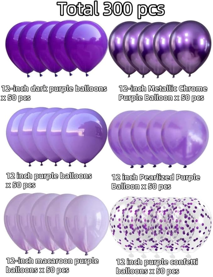 300 Pcs Lavender Purple Balloons Set 12 Inch Different Shades of Purple Party Balloon Set, Suitable for Wedding, Graduation, Birthday Party Various Event Decorations