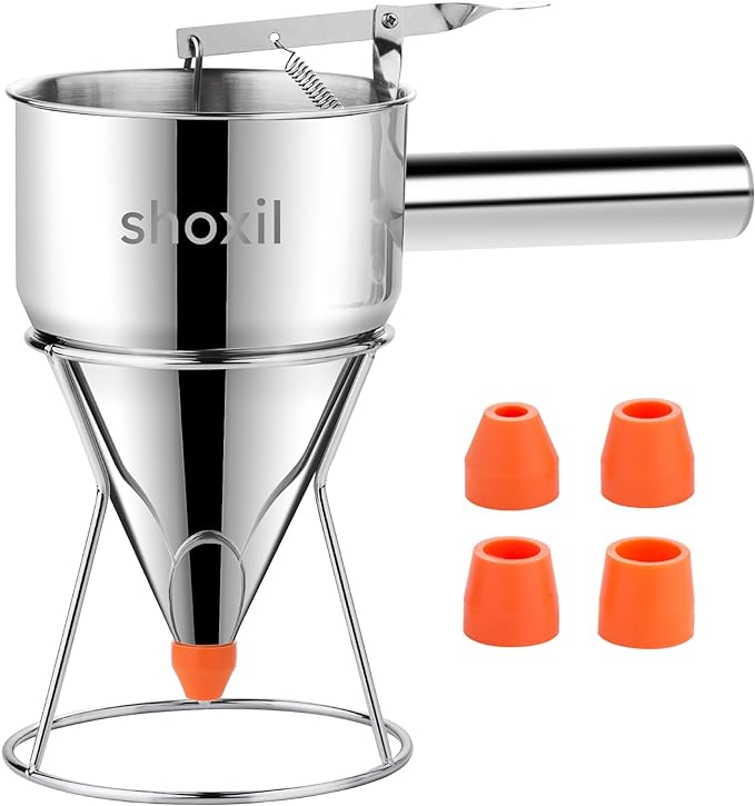 20oz Pancake Batter Dispenser, Multi-Caliber Stainless Steel Funnel Cake Dispenser with Stand Great for Pancakes, Cupcakes or Any Baked Goods