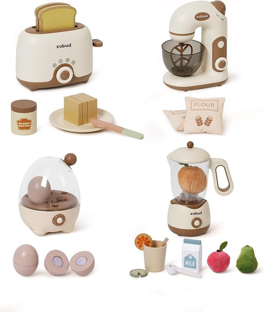 ROBUD Pretend Play Kitchen Appliances, Kids Play Kitchen Toy Food Set with Egg Steamer, Mixer, Toaster, and Blender with Realistic Sounds, Play Kitchen Accessories forToddlers (4-Set)