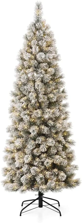 Glitzhome 7.5ft Prelit Christmas Tree, Artificial Christmas Tree with 350 Warm White Lights, Flocked Pencil Christmas Tree and Foldable Metal Stand for Home, Office, Party Decoration, Easy Assembly
