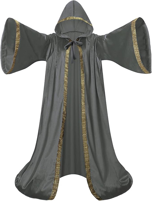 Velvet Wizard Robe with Hooded and Sleeves, Halloween Vampire Witch Wizard Cloak Fancy Cosplay Costume