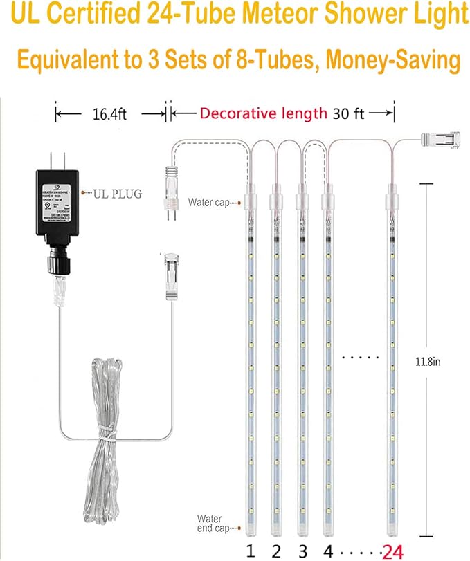 Aokudoni Warm White Christmas Lights Meteor Shower Lights Outdoor 24-Tube 576 LED Snowfall Icicle Cascading Rain Light Christmas Decorations for House Tree Yard Roof Patio Porch Stair, UL Plug