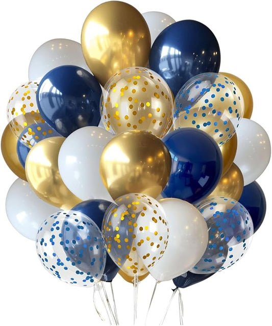 300 Pcs Navy Blue and Gold Confetti Balloons Set Lncludes 12 inch Gold White Navy Blue and Blue Gold Confetti Balloon for Birthday, and Celebration Graduation Party Decoration