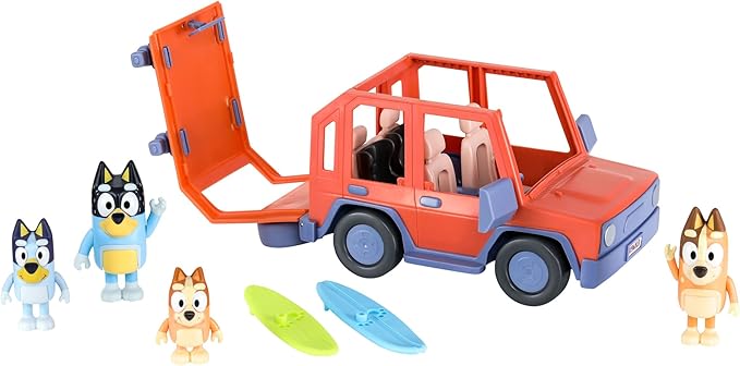 Bluey Heeler Family 4WD Car Toy with 4 Figures | Includes 2 Surfboard and Sticker Sheet, Perfect for Kids Ages 3+, Amazon Exclusive