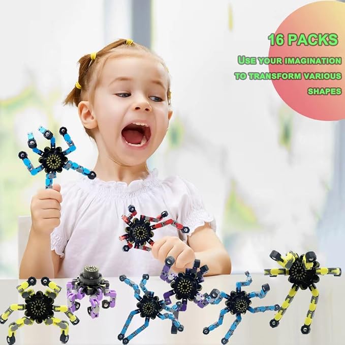 16Pc Fingertip Gyro Fingertip Mechanical Top DIY Deformation Robot Metal Transformable Gyro Spinners Finger Chain Robot Toy Changeable Face Fidget Spinners Octopus ADD ADHD Astium for Kids Adults