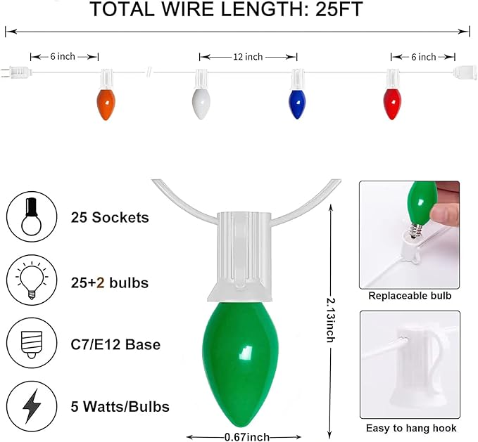25Ft Christmas Lights Multicolor, C7 Vintage Christmas Light with 27 Colorful Ceramic Bulbs, Hanging Outdoor Christmas Lights for Christmas Tree Party Prom Wedding Holiday Patio Decor, White Wire