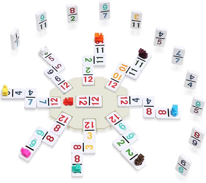 Mexican Train Dominoes Set with Numbers and 4 Wooden Trays/Racks, Double 12 Dominos Travel Set with 4 Tiles Holders, 91 Tiles Double 12 Colored Dominoes Game Set with Portable Case for Families Kids