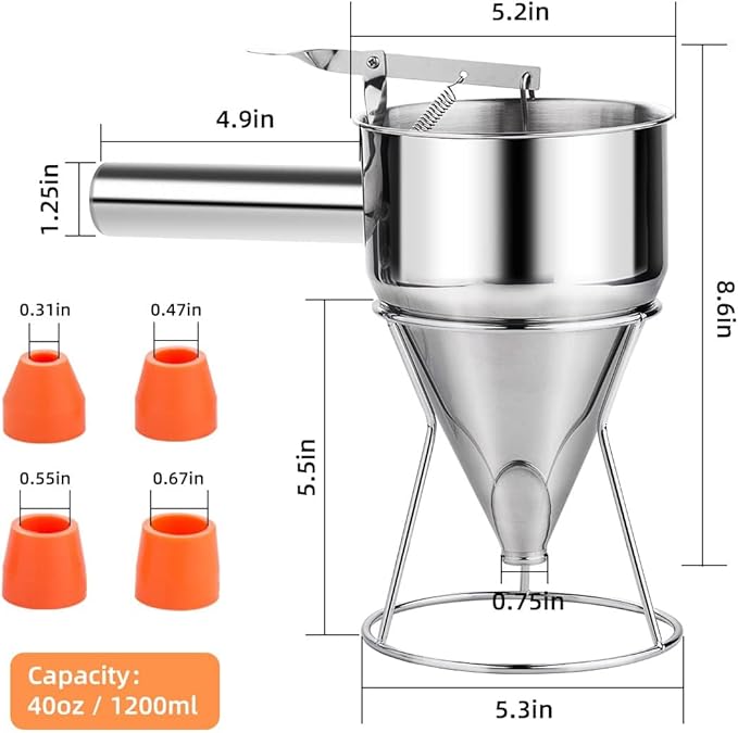 20oz Pancake Batter Dispenser, Multi-Caliber Stainless Steel Funnel Cake Dispenser with Stand Great for Pancakes, Cupcakes or Any Baked Goods