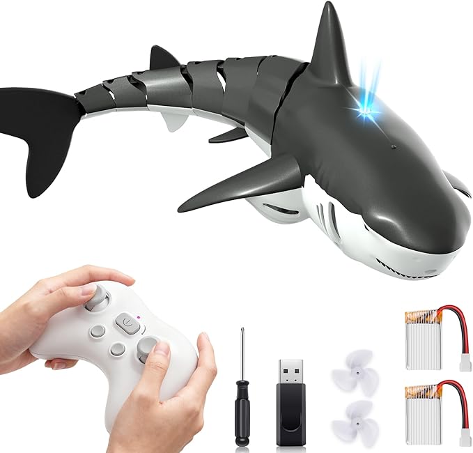 2.4Ghz Remote Control Shark Pool Toys for Boys Kids,Highly Realistic Shark Pool Toys for Kids,RC Boat Outdoor Water Toy with Light and Spray Water for Boys Girls Ages 6+ (with 2 Batteries)