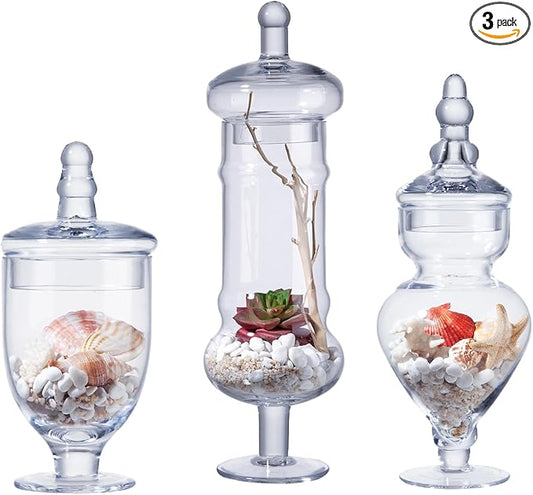 3-Pack Glass Apothecary Jars with Lids – Decorative Candy Storage Containers for Wedding, Buffet, Kitchen (H: 9", 12.5", 14")