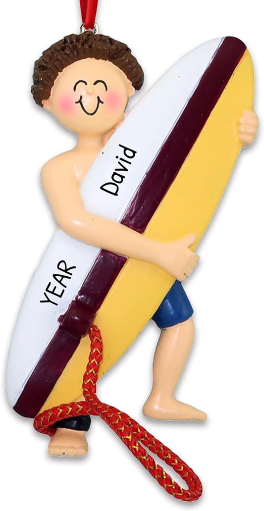 Personalized Surfboard Ornaments 2025 - Brunette Boy Surfer Ornaments for Christmas Tree Beach Surfboard Decor Surfing Ornament Gifts for Surfers Beachy Christmas by Elves