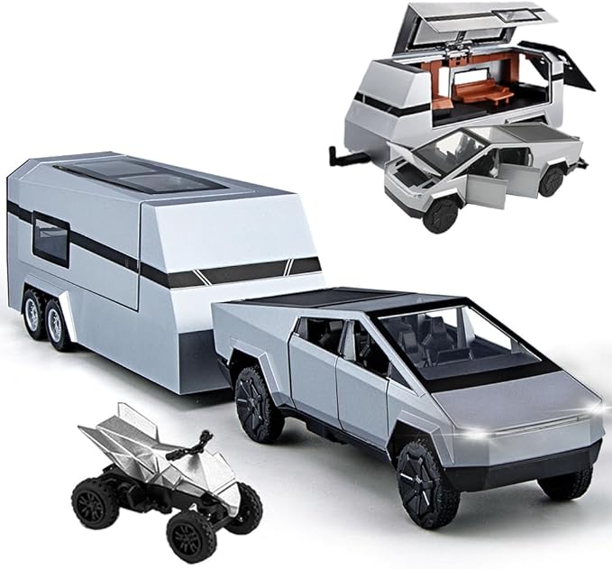 Metal Pick-Up Truck Trailer Toy with Motorcycle, Sound/Light/Pull Back/Realistic Interior Exterior, Ideal Toy Car Vehicle Gift (1/32 Grey Pickup Trailer RV)