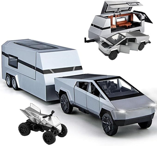 Metal Pick-Up Truck Trailer Toy with Motorcycle, Sound/Light/Pull Back/Realistic Interior Exterior, Ideal Toy Car Vehicle Gift (1/32 Grey Pickup Trailer RV)