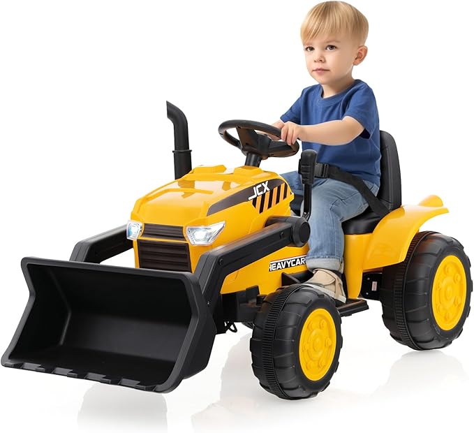 HONEY JOY Ride on Excavator, 12V Battery Powered Wheeled Loader Digger Kids Bulldozer w/Adjustable Digging Bucket, Headlights, Music, Horn, Slow Start, Electric Construction Vehicle for Kids, Yellow