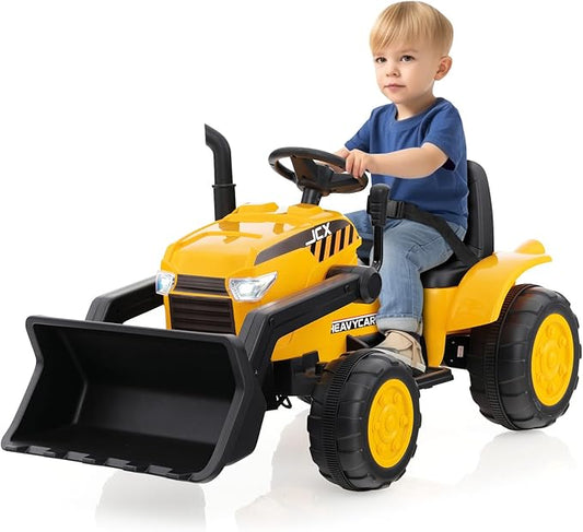 HONEY JOY Ride on Excavator, 12V Battery Powered Wheeled Loader Digger Kids Bulldozer w/Adjustable Digging Bucket, Headlights, Music, Horn, Slow Start, Electric Construction Vehicle for Kids, Yellow
