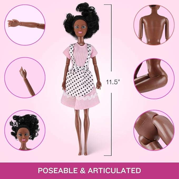6 Set of African American Black Toy Dolls - 11.5" Premium Fashion Style Diversity Role Play Dolls, Bundle Variety Pack for Kids, Girls Party Favors
