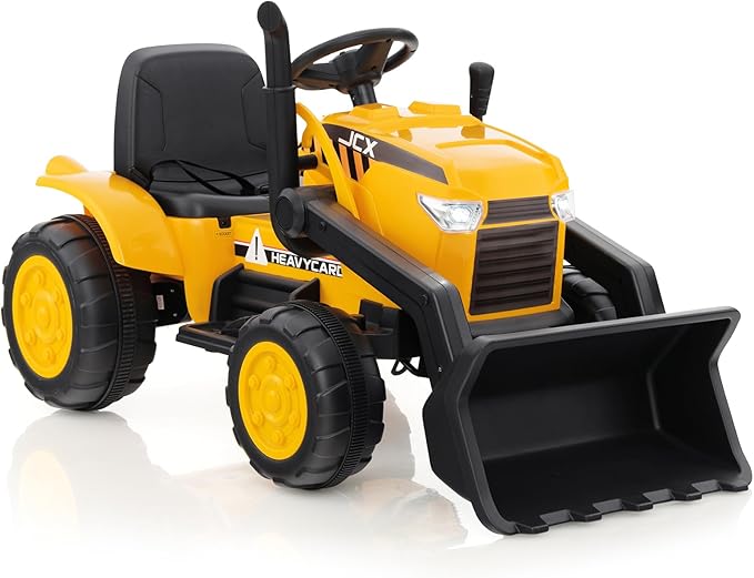 HONEY JOY Ride on Excavator, 12V Battery Powered Wheeled Loader Digger Kids Bulldozer w/Adjustable Digging Bucket, Headlights, Music, Horn, Slow Start, Electric Construction Vehicle for Kids, Yellow