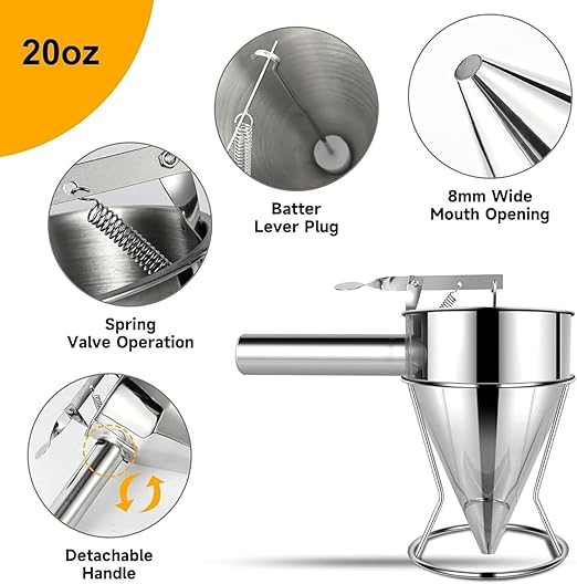 Multi-Caliber Pancake Batter Dispenser, Stainless Steel Funnel Cake Dispenser, Piston Funnel Cake Maker for Pancakes, Cupcakes,Crepes,Muffin,Waffles, Chocolate Balls (600)
