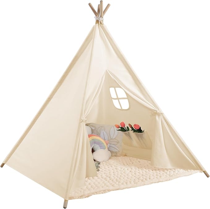 Sumbababy Teepee Tent for Kids Indoor - Natural Canvas Kids Play Tent - Washable Tipi Sleepover Tents with Lights & Carry Bag, Outdoor Toddler Tents for Girls & Boys - Foldable Playroom Gift Toys