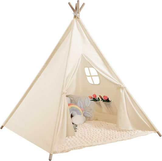 Sumbababy Teepee Tent for Kids Indoor - Natural Canvas Kids Play Tent - Washable Tipi Sleepover Tents with Lights & Carry Bag, Outdoor Toddler Tents for Girls & Boys - Foldable Playroom Gift Toys