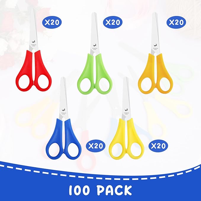 100 Pack Kids Scissors, 5 Inch Blunt Tip, Stainless Steel, Multicolor, Ambidextrous, Modern, Contemporary