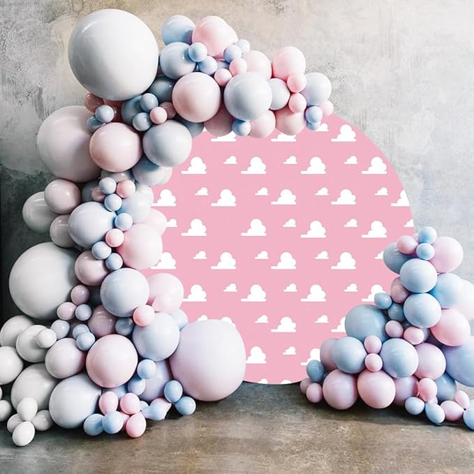 Renaiss 3x3ft Pink Sky White Cloud Round Backdrop Cover Girl Story Cartoon Toy Theme Circle Photography Background Kids Hero Newborn Welcome Baby Shower Birthday Party Decor Arch Photo Booth Props