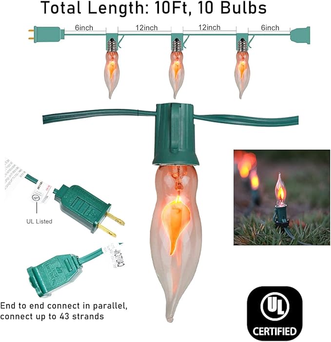 Christmas Flicker Flame String Lights, 10Ft Amber Flame String Lights with 10 C18 Flame Bulbs, E12/C7 Base Christmas Lights for Indoor/Outdoor Decoration Party Room Garden Docor-Green Wire
