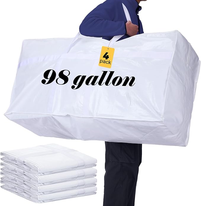 Windyun 4 Pack 98 Gallon Extra Large Storage Bags XXL Moving Bags with Zipper Handles Heavy Duty Jumbo Big Totes Box for Halloween Skeleton 4-12 Feet Christmas Tree Storage College Dorm Cloth (White)