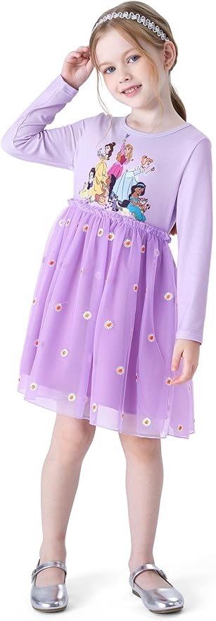 Disney Frozen Elsa Princess Cinderella Ariel Jasmine Rapunzel Baby/Toddler Dress, Ruffle Long-Sleeve Mesh Overlay Tulle Dress