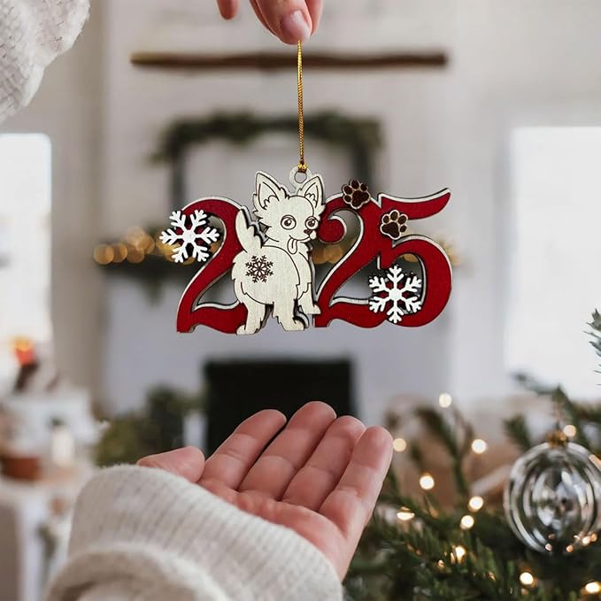 2025 Longhaired Chihuahua Christmas Ornament – Wooden Dog Ornament for Tree, Cute Puppy Holiday Decoration, Personalized Pet Lover Gift for Women, Men, Kids, Dog Mom & Dad
