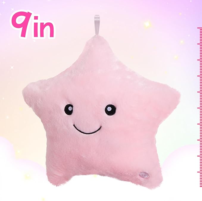 WEWILL 9'' LED Twinkle Star Soft Plush Pillow Toys Glowing Stuffed Star Light up Pillow Plush with Colorful Night Lights Birthday for Toddler Kids(Pink)