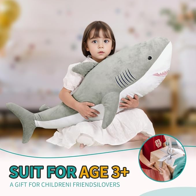 40 Inch Giant Shark Stuffed Animal Large Soft Body Plushies,Cute Big Shark Doll Pillow Plush Toy,Gift for Boy Girl Kids Birthday Valentines