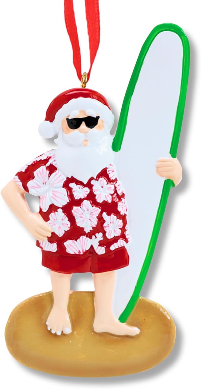 Ornaments by Elves - Personalized Surf Santa Christmas Ornaments - Beach Santa Decorations - Paddle Board Surfer Hawaiian Beachy Christmas Decor and Surfer Enthusiasts - Giftable Packaging