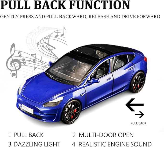 1/24 Scale Diecast Car Model 3, Alloy Diecast Toy Cars Pull Back Toys with Sound & Light, Vehicles Toys for Kids Gift Car Lovers Collection (1/24 Model 3 -Blue)