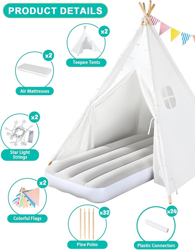 Teepee Tent for Kids Sleepover Party 2 Pack: Inflatable Airbed & Star Lights & Colored Flag - Indoor Outdoor Toddler Play Tent for Girls Boys Birthday Gifts Slumber Party (White)
