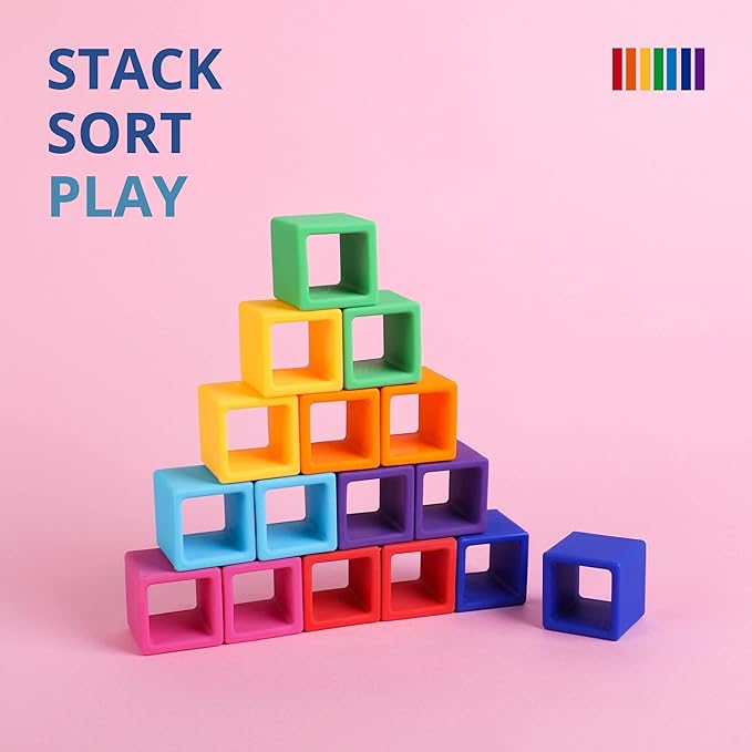 BLUE GINKGO Silicone Rainbow Blocks – [16 PC] Giftable Soft Blocks for Kids, BPA-Free Montessori Stacking Toy with Sorting Tray (Vibrant)