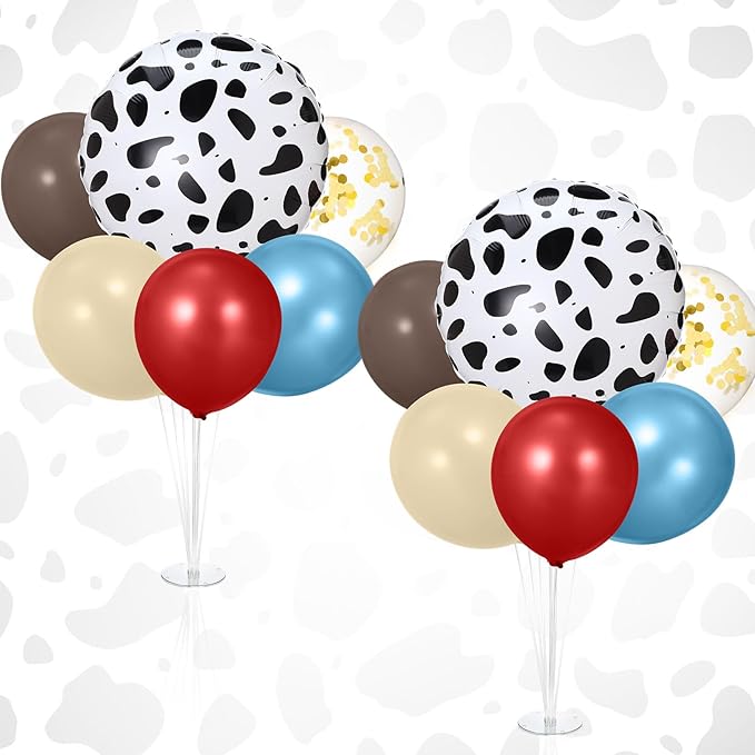 2 Sets Farm Animal Decorations Table Centerpiece Red Brown Blue Balloon Stand Kit with Large Cow Print Foil and Latex Balloon for Farmhouse Country Animal Baby Shower Birthday Supplies