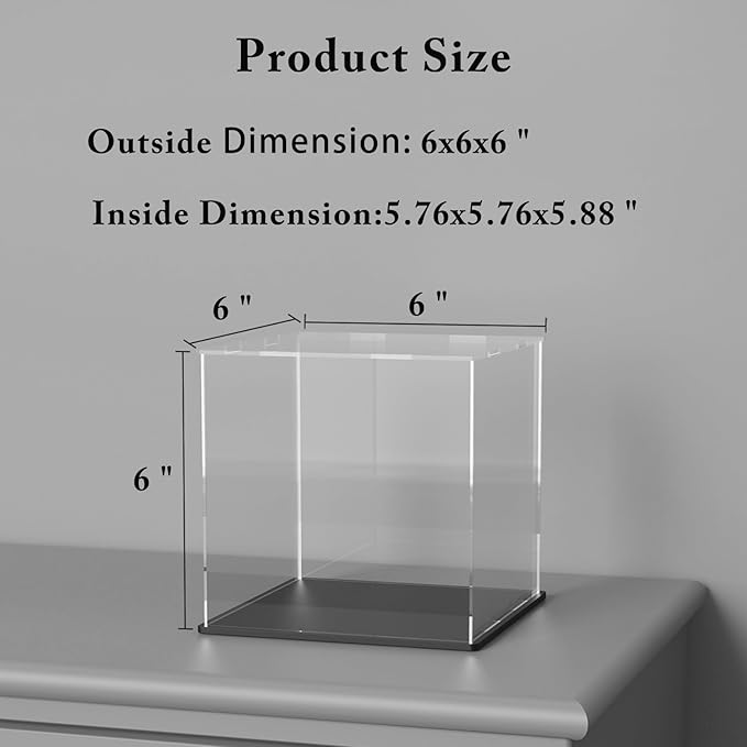 Acrylic Display Case with Lid, 6 Inch Acrylic Cube Box with Black Disaply Stand, Clear Display Cases for Collectibles, Art Pieces and Toys, (6x6x6 inch)