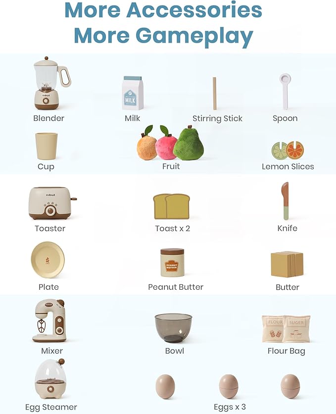 ROBUD Pretend Play Kitchen Appliances, Kids Play Kitchen Toy Food Set with Egg Steamer, Mixer, Toaster, and Blender with Realistic Sounds, Play Kitchen Accessories forToddlers (4-Set)