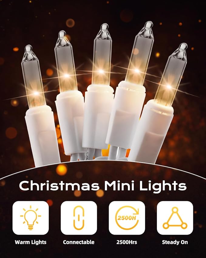 Brightown Christmas Lights, 100-Count 25ft Clear Incandescent Bulb Mini String Lights for Indoor Holiday Decor, Christmas Tree Garland Wedding Party Multi-Use Decoration, White Wire