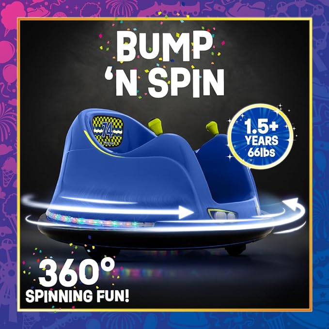 Flybar FunPark Electric Bumper Car 6V for Toddlers, Kids, Baby Ride On Toys, Ages 1.5-4 Years, LED Lights, 360 Degree Spin, Supports up to 66 pounds (No Remote)