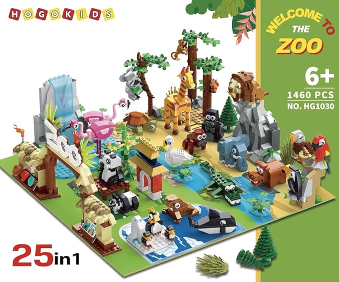 HOGOKIDS 25 Animals Zoo Building Set with Play Mat - 8 Pack Zoo Scene modules Building Blocks Toy for Party Favors Goodie Bag Classroom Prizes Fillers Birthday Gifts for Kids Boys Girls 6+ (1460PCS)