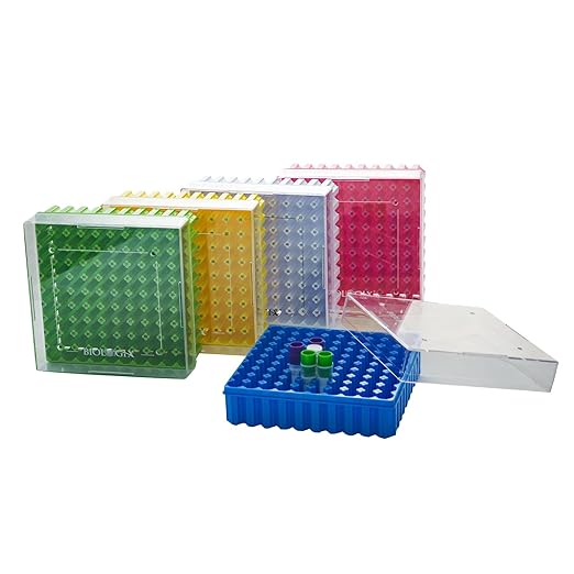 Polycarbonate Freezer Boxes for Sample Storage, 2 in 100-Well Cryoboxes, Assorted Colors Laboratory Vial Storage Boxes, Case of 20
