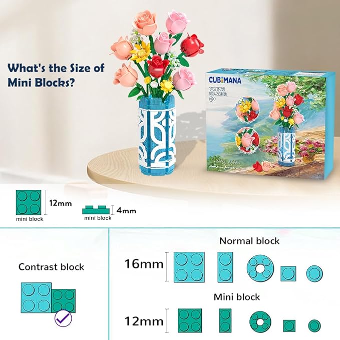 14 Flowers Bouquet Building Set with Vase and LED Light, Mother's Day 747 PCS Mini Roses Flower Botanical Building Blocks Toy, Birthday Gifts for Adults, Artificial Roses Flowers Home Decor