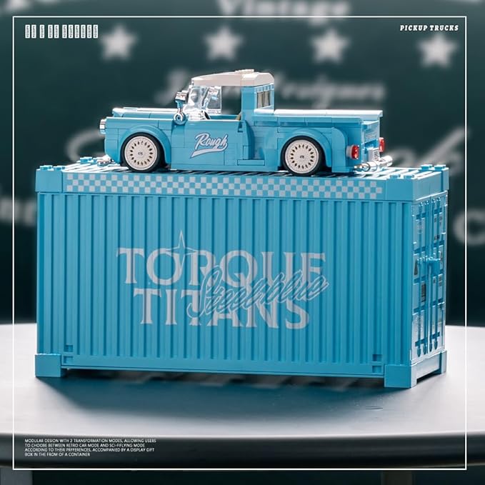 PB8840 1:32 Blue Retro Pickup Truck Buliding Blocks Set, 297 Pieces Scale Model Car Container Display Box, Clamping Blocks Toy Gift for Adults