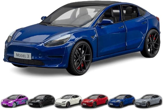 1/24 Scale Diecast Car Model 3, Alloy Diecast Toy Cars Pull Back Toys with Sound & Light, Vehicles Toys for Kids Gift Car Lovers Collection (1/24 Model 3 -Blue)