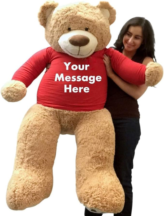 Big Plush 5ft Bear Dressed in Personalized Red Tshirt, Giant 5 Foot Teddy Bear Premium Soft, Customized with Your Message, Unique Impressive Gift for Birthday, Love or Any Event, Hand-Stuffed in USA